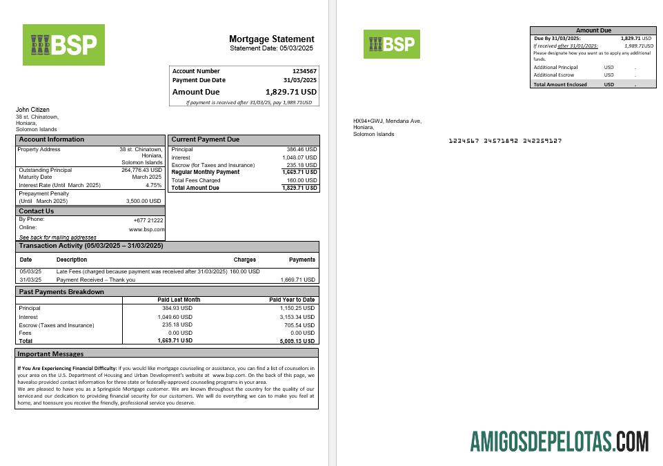 Extrato de hipoteca do banco BSP das Ilhas Salomão em formatos Word e PDF baixar para verificação